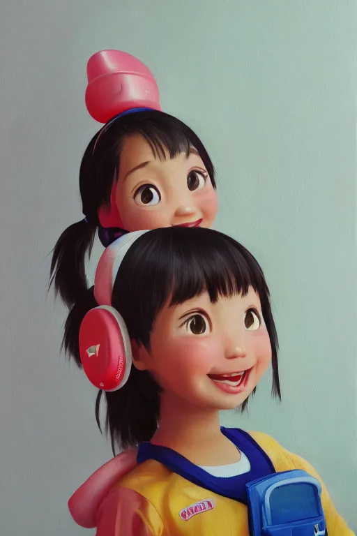 Prompt: a painting of cute Asian girl smiling, plastic overalls, in the style of Pixar animation, low angle view, 16mm lens, award winning, hyper detailed, dramatic lighting, artstation, octane renderer, unreal engine