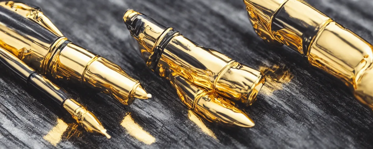 Image similar to a closeup of a gold robot hand holding a fountain pen, hyper realistic