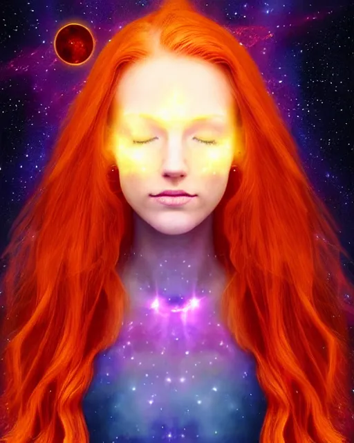 Prompt: space astral portrait of a beautiful girl, red hair, ginger hair, fantasy, glowing skin, smooth face, perfect eyes, half body shot, tarot card