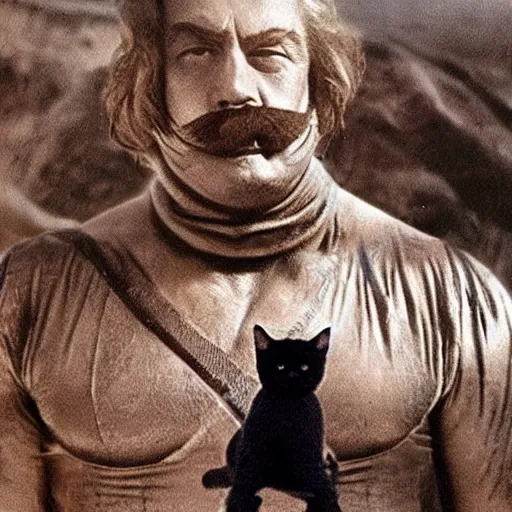 Image similar to the floating head of zardoz, but a cat, floating over a wasteland