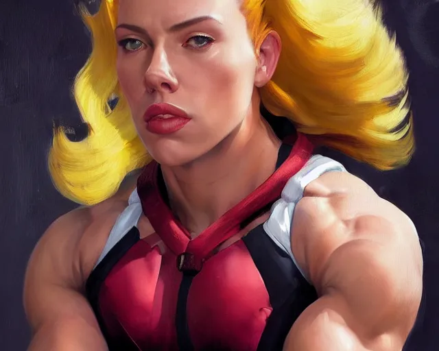 Prompt: greg manchess portrait painting of smug scarlett johansson as beautiful thick female bodybuilder zarya from overwatch, medium shot, asymmetrical, profile picture, organic painting, sunny day, matte painting, bold shapes, hard edges, street art, trending on artstation, by huang guangjian and gil elvgren and sachin teng