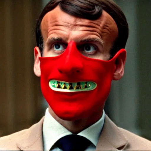 Prompt: Emmanuel Macron wearing a venitian mask in American Psycho (1999)