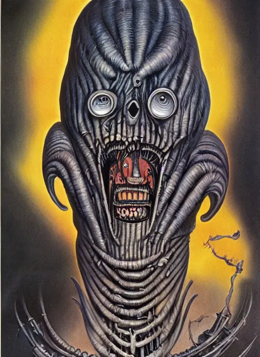 Image similar to a character portrait piece by hr giger, francis goya, basil wolverton, lisa frank, roy litchenstein