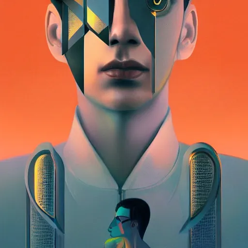 Image similar to portrait handsome androgynous sci - fi girl, blade runner 2 0 4 9, futuristic metropolis, digital art, pop art by hsiao - ron cheng and george tooker