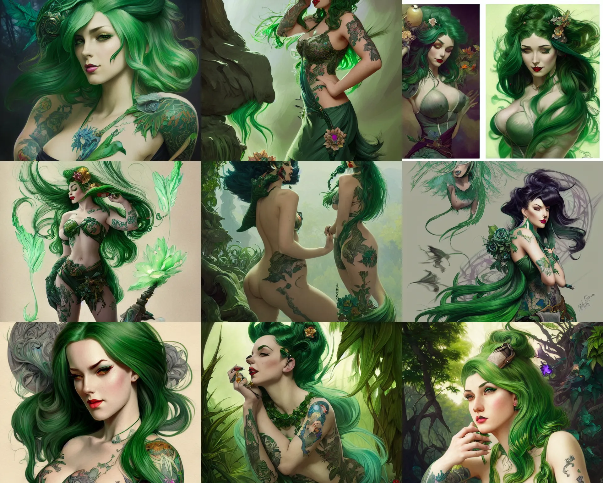 Prompt: green hair tattooed pinups walking at the garden playing dnd, deep focus, turnaround, fantasy, intricate, elegant, highly detailed, digital painting, artstation, concept art, matte, sharp focus, illustration, hearthstone, art by artgerm and greg rutkowski and alphonse mucha.