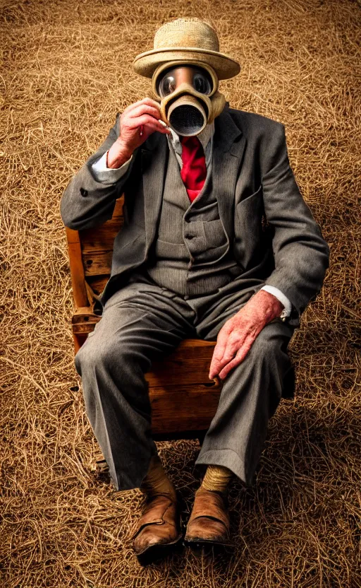 Image similar to old, man, farmer, work, vintage suit, sittin, wood, straw, kettle, book, gasmask, non fiction, stability, intricate, elegant, 8 k, uhd, justify, artstation, concept art, matte, sharp focus, illustration, consistent, one object content, proportional object content