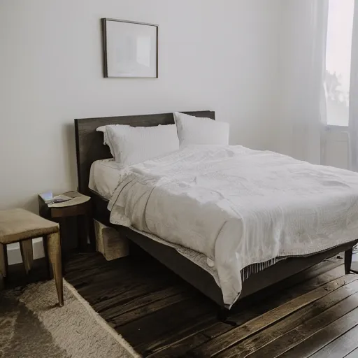 Image similar to dimly lit bedroom, looking down at the edge of a bed, sheets are ruffled, a computer sits on a desk nearby