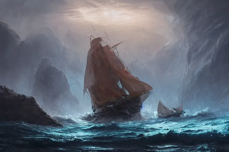 Prompt: Ancient Greek Sailing Vessel, The Argo, Plows through storm tossed ocean waves, Scylla and Charybdis, enormous Krakens, threaten from a rocky caves, the air is alive with rain lighting and fear by Jessica Rossier and HR Giger cinematic concept painting