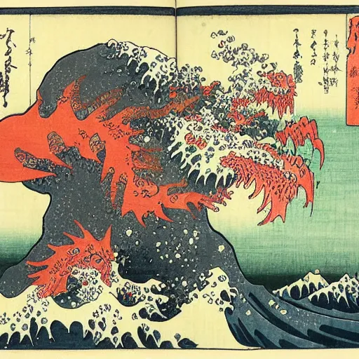 Image similar to repressed monsters and yokai of the imagination break free in a fiery revolution, by Hokusai