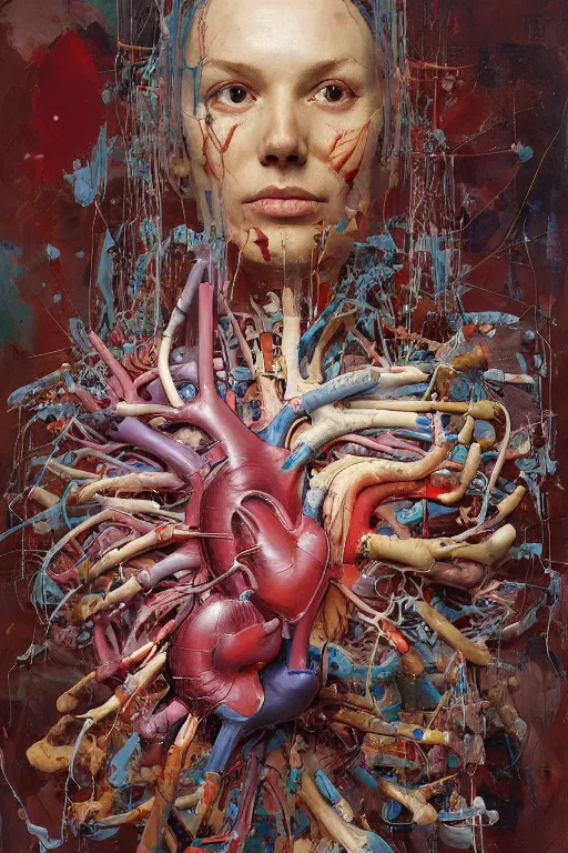 Image similar to accurate anatomical heart imagined as painting palette, wood boart palette, paintbrushes, paint mix, painted by ruan jia, raymond swanland, lawrence alma tadema, zdzislaw beksinski, norman rockwell, jack kirby, tom lovell, alex malveda, greg staples, artgerm, greg rutkowski and alphonse mucha