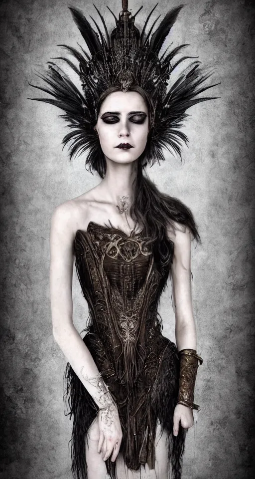 Image similar to a single faced portrait of the enchantress queen with a stunning timeless beauty, breathtaking eyes, perfect skin, feathered eyelashes, royal gothic dress with a lot of leather, heavy silent hill aesthetic, incredibly intricate, digital art, blender, houdini & photoshop, very elegant & complex, hyper-maximalist, overdetailed, epic cinematic quality, biblical art lighting, photorealistic, lifelike, OLED, DSLR HDR 8k, face is the focus, facial feature symmetry, hyper composed, created by Nixeu & z--ed from deviantart