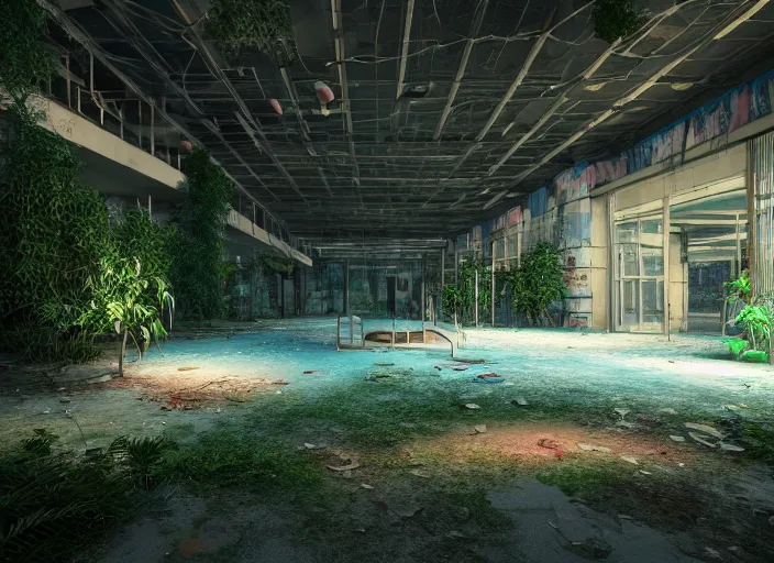 Image similar to inside a huge abandoned overgrown mall with swimming pool maze, bright halogen lights, highly detailed, 8 k, hdr, octane render, trending on artstation, volumetric lighting