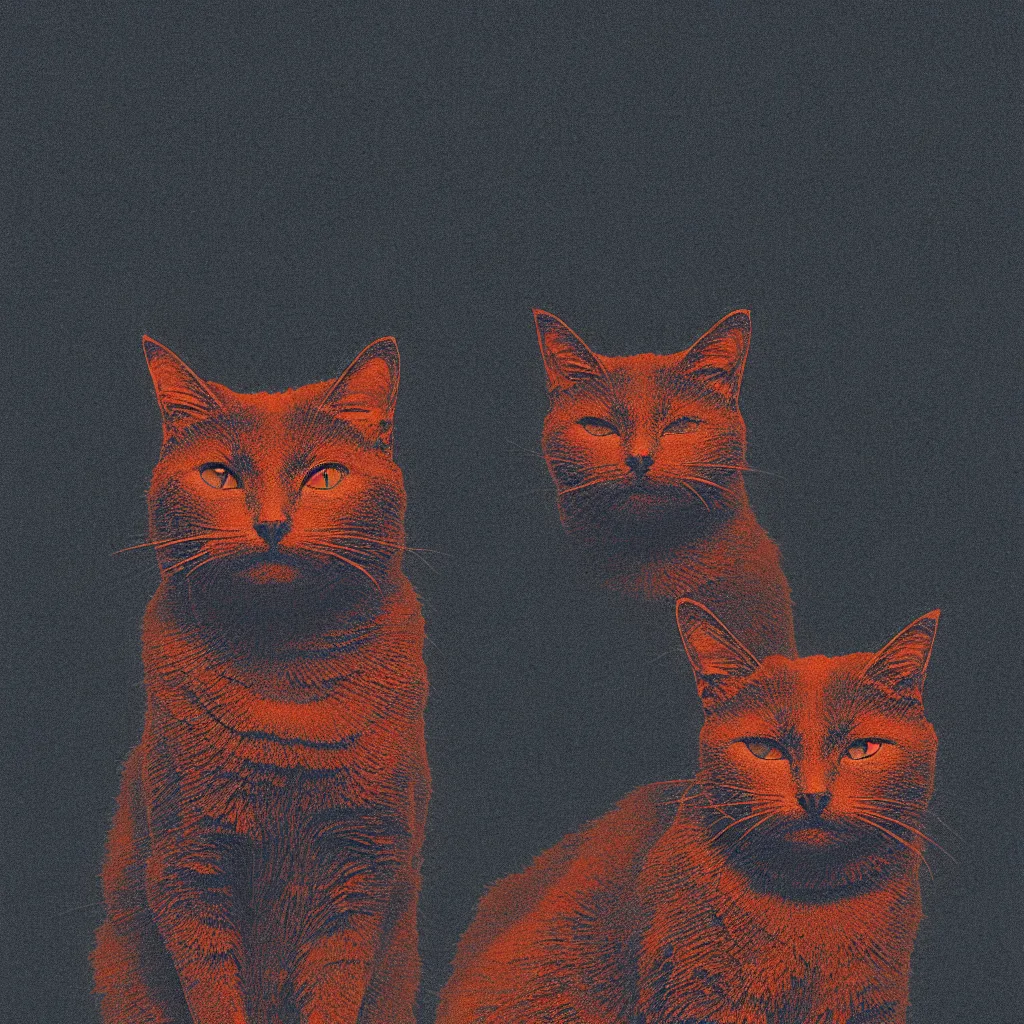 Image similar to sarcastic cat meme by, mads berg, karolis strautniekas, film noir, stippled light, dramatic lighting, editorial illustration, detailed, fine texture, matte print, art deco, brutalism, dark blue + dark orange, red, black, ( ( habitat 6 7 background ) )