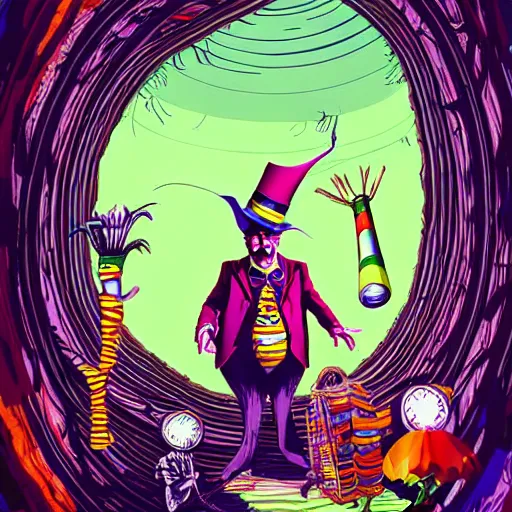 Image similar to graphic illustration, creative design, alice in wonderland with willy wonka, biopunk, francis bacon, highly detailed, hunter s thompson, concept art