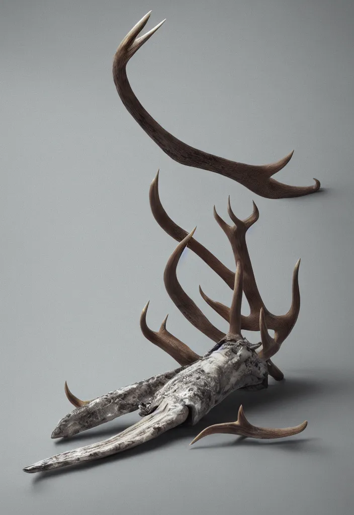 Image similar to delicate animal innards, antlers white bones ,melted wax, sharp slate. complementary color scheme. national geographic. 8k, rendered in octane, smooth gradients. narwhal