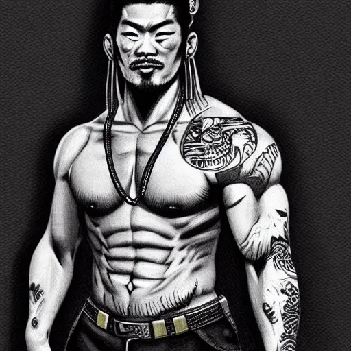 Prompt: Hiroyuki Sanada as a muscular yakuza with dragon tattoos, hyperdetailed, by Greg Rutowski, artstation