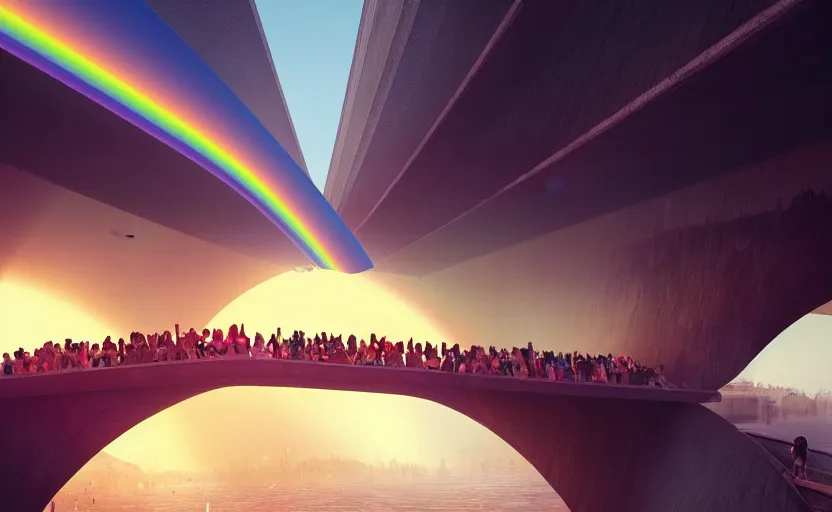 Image similar to incredible, mindblowing, refugees crossing a beautiful bridge made of rainbow hardlight, floating city in the sky, matte painting, artstation, cgsociety, dramatic lighting, concept art, octane render, arnold 3 d render