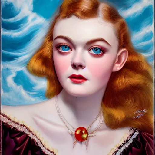 Prompt: professional painting of Elle Fanning in the style of Rolf Armstrong, head and shoulders portrait, symmetrical facial features, smooth, sharp focus, illustration, intricate, stormy weather, extremely detailed masterpiece,