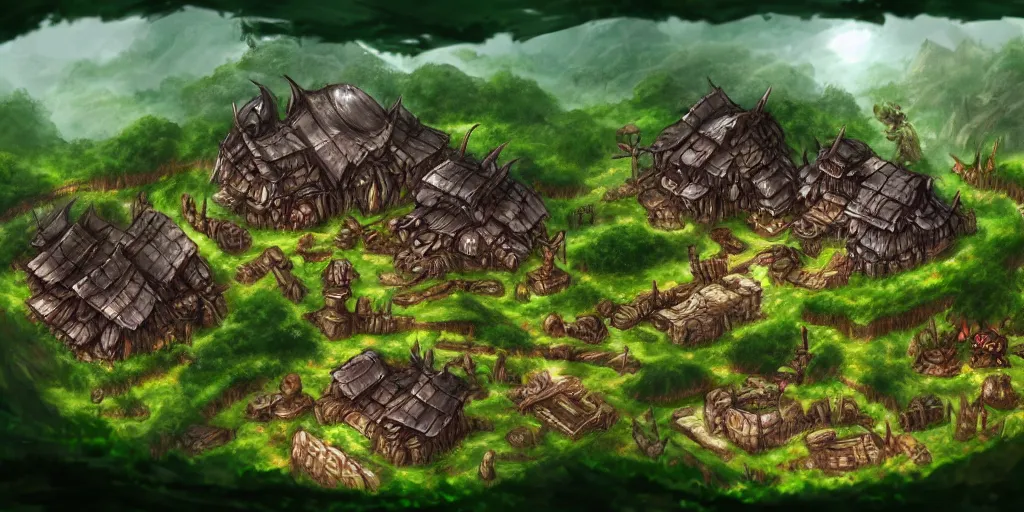 Prompt: Orc village in the middle of the forest. In style of Ragnarok Online, Korean MMORPG, epic, professional art, digital art, 8K, concept art.