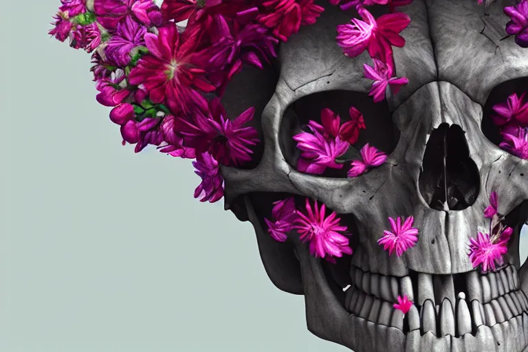 Image similar to human skull made entirely from flowers with flowes in its eyes, artstation, illustration, hd, hq, high resolution, high detail, 4 k, 8 k