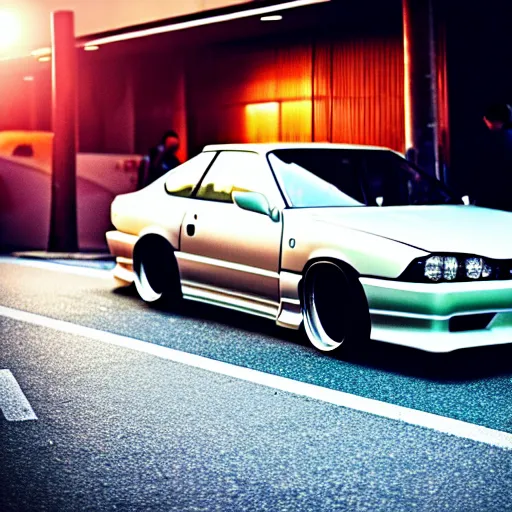 Prompt: a car Nissan Silvia at illegal car meet, Shibuya prefecture, city sunset, cinematic color, photorealistic, highly detailed, 200MM