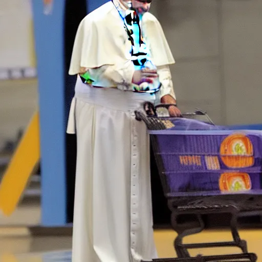 Prompt: Pope Francis at Walmart wearing a maid uniform, very highly detailed, photorealistic