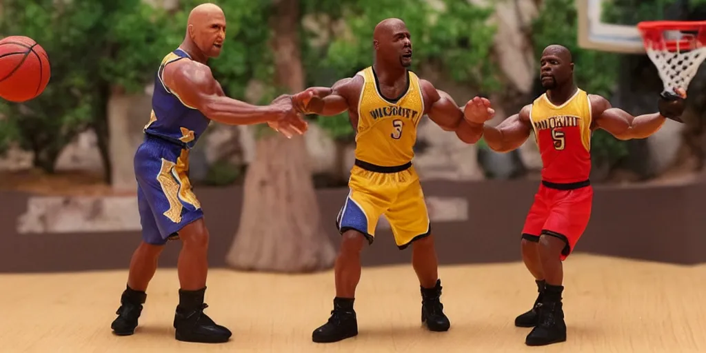 Prompt: wax figurines of Dwayne Johnson and Kevin Hart playing basketball