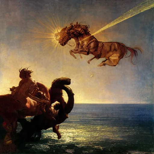 Prompt: Tragic Portrait of Phaethon the Demigod losing control of the chariot chariot that is the sun careening through the zodiac filled stratosphere Ilya Repin Michelangelo Buonarotti Leonardo Da Vinci rodin greg rutkowski james gurney tombow masterpiece fresco quadratura Trompe-lœil