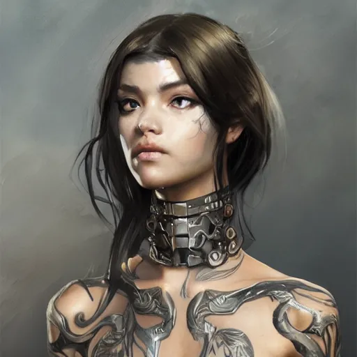 Image similar to tattoo design, a professional painting of a beautiful young female, partially clothed in battle armor, olive skin, long dark hair, beautiful bone structure, symmetrical facial features, intricate, elegant, digital painting, concept art, smooth, sharp focus, illustration, from Metal Gear, by Ruan Jia and Mandy Jurgens and Greg Rutkowski and Artgerm and William-Adolphe Bouguerea and artgerm, cat girl, anime