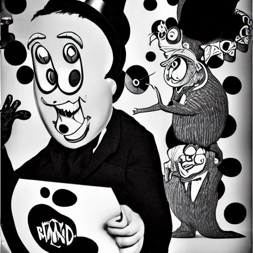 Image similar to a black and white photograph in the style of Jim Henson, Gary Baseman, Robert Crumb, Ernie Bushmiller, Hanna Barbera, Sid and Marty Kroft, photorealism, surreal, high contrast, film photography