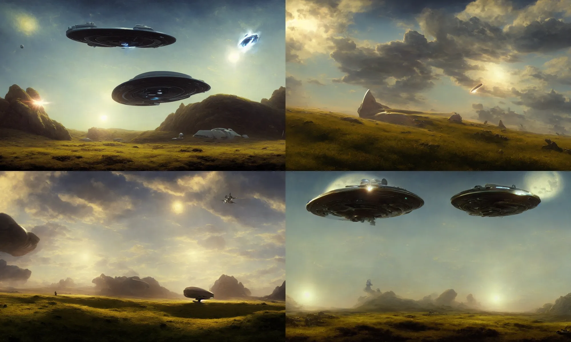 Prompt: Science-Fiction spaceship hovering over a grassy field on an alien planet at daylight, blue sky, by John Harris, Federico Pelat, Ivan Aivazovsky, Matte Painting, 4k,