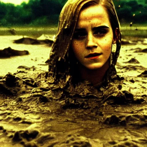 Image similar to film still, close up, emma watson rising out of muddy vietnam river, face covered in mud, low camera angle at water level, night time, film still from apocalypse now ( 1 9 7 9 ), 2 6 mm