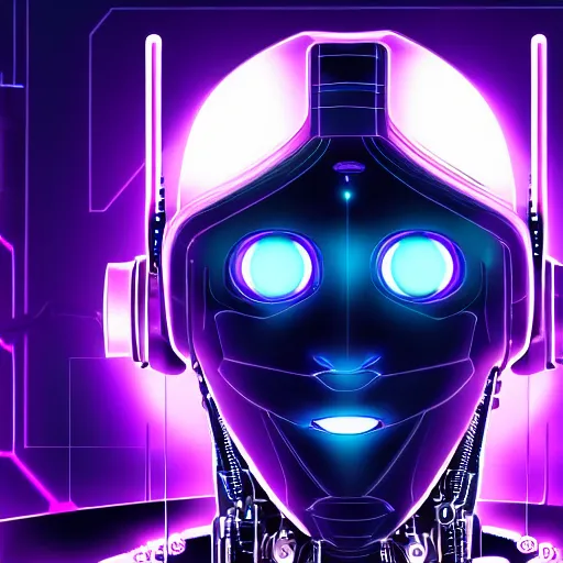 Image similar to Head of a robot with purple glowing eyes in cyberpunk neon Tokyo in style of Tsutomu Nihei. Cyberpunk, vertical symmetry, 8K, Highly Detailed, Intricate.