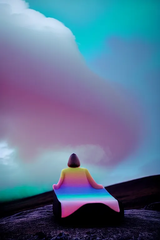 Image similar to high quality pastel coloured film close up wide angle photograph of a model wearing clothing resting on cloud furniture in a icelandic black rock!! environment in a partially haze filled dreamstate world. three point light, rainbow. photographic production. art directed. pastel colours. volumetric clouds. pastel gradient overlay. waves glitch artefacts. extreme facial clarity. 8 k. filmic.