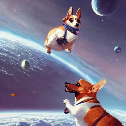 Prompt: corgi cosmonaut in outer space, highly detailed digital illustration, greg rutkowski, trending on artstation