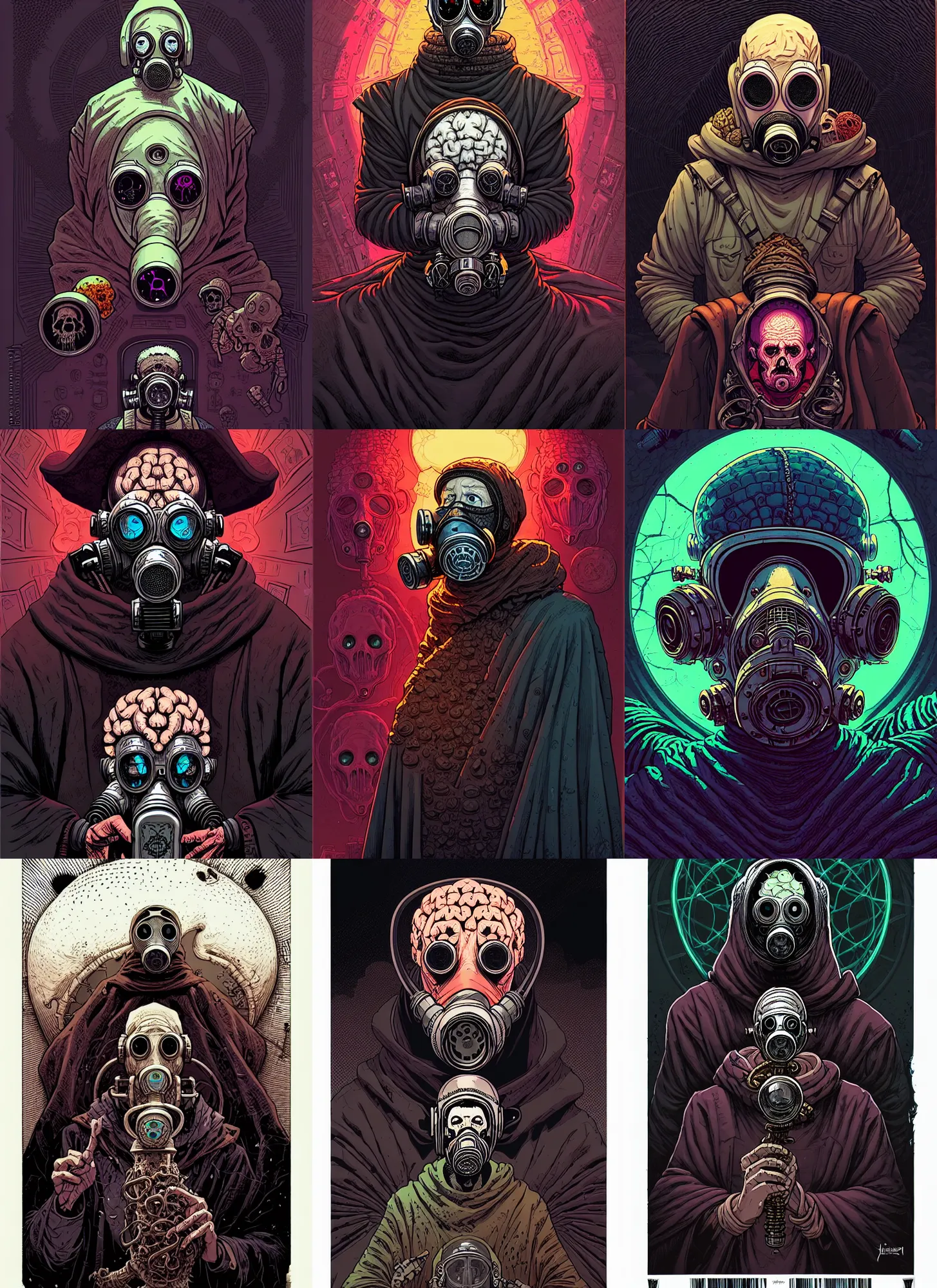 Prompt: portrait of the old necromancer, wearing a wizard cloak, gas mask, surrounded by brains inside jara, illustrated by laurie greasley, dan mumford, peter mohrbacher, hyper detailed, trending on cg society, crisp