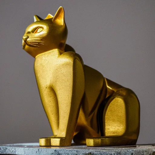 Prompt: A sculpture of a cat made of gold, XF IQ4, f/1.4, ISO 200, 1/160s, 8K,