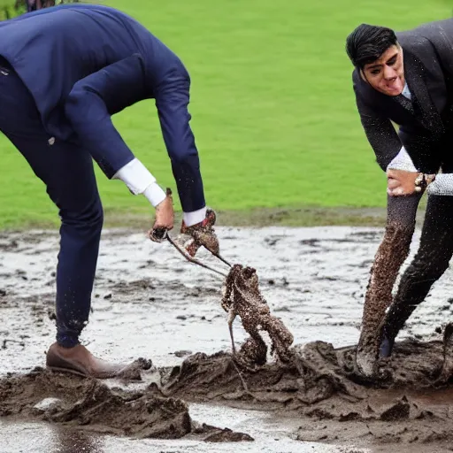 Image similar to high quality photo of liz truss and rishi sunak catapulting sloppy mud at each other in an office