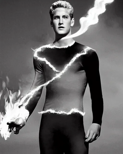 Prompt: Young Paul Newman starring as Johnny Storm, The Human Torch from The Fantastic Four Movie, Flame On, Entirely Engulfed in Fire and Smoke as The Human Torch, Color, Modern