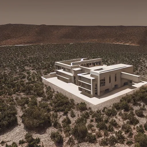 Image similar to brutalist villa in middle of a desert, aerial view, photorealistic render in octane