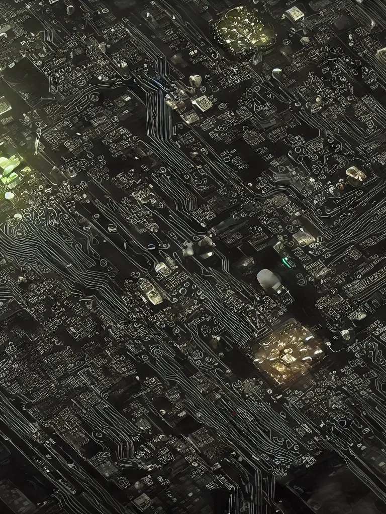 Image similar to big technology, intricate circuit board, cpu, bios chip, led, lcd display, integrated circuits, cmos, capacitors, intricate concept art matte painting, cyberspace, nature grotesque dark