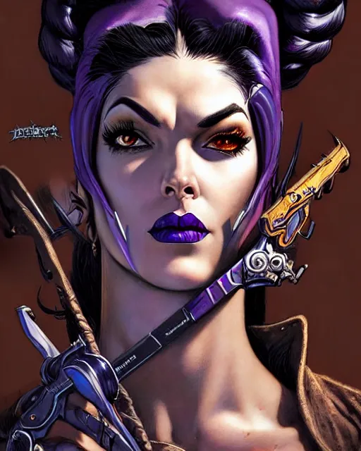 Prompt: widowmaker from overwatch, heavey metal magazine cover, character portrait, portrait, close up, concept art, intricate details, highly detailed, in the style of frank frazetta, esteban maroto, richard corben, pepe moreno, matt howarth, stefano tamburini, tanino liberatore, luis royo and alex ebel