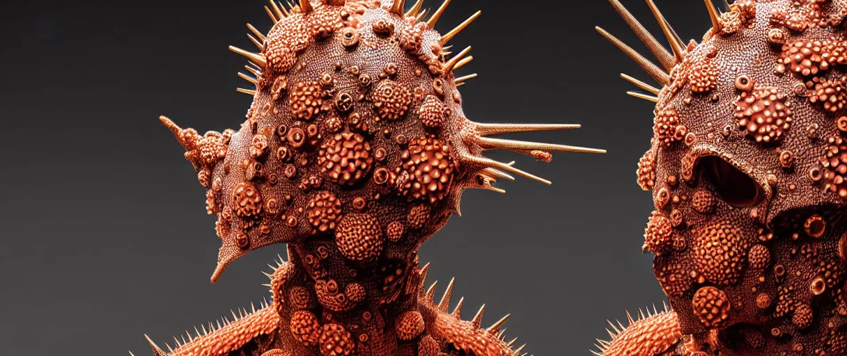 Image similar to hyperrealist highly detailed english medieval portrait of high fashion monster wearing spikey lopsided wired mecha armor, radiating atomic neon corals, veiny network growth with fungal pattern, concept art pascal blanche dramatic studio lighting 8k wide angle shallow depth of field