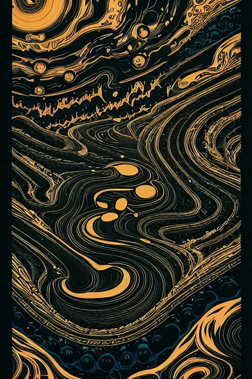 Prompt: beautiful dark chaos, swirling black gold obsidian fluids by James Jean and dan mumford and James Gilleard