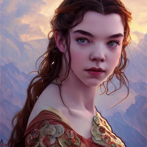 Image similar to beautiful young anya taylor - joy, closeup, d & d, fantasy, intricate, elegant, highly detailed, digital painting, artstation, concept art, matte, sharp focus, illustration, art by artgerm and greg rutkowski and alphonse mucha