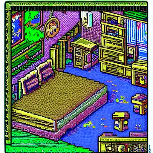 Prompt: 9 0 s bedroom, beautiful detailed pixel art, intricate details, beautiful, dithered gradients, volumetric lighting, smooth, sharp focus, 2 d illustration, old school computer game graphics, crpg, d & d, pixel art