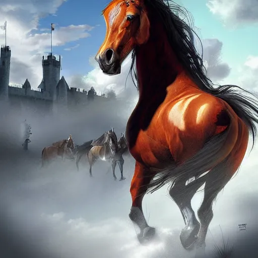 Image similar to plano general de un caballero montado a caballo, colina de fondo con castillo medieval. digital art, art station, realista,