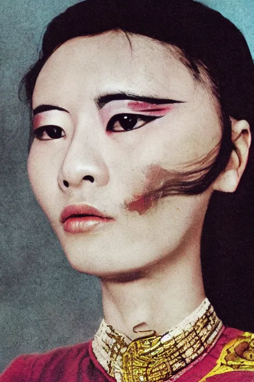 Prompt: hyperrealism close-up fashion asian woman portrait by Terry Richardson photo from The Holy Mountain by Alejandro Jodorowsky in style of Francisco Goya