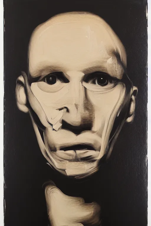 Prompt: a portrait a very ordinary face, by Christopher Wool, oil paint, abstract, words, anatomically correct, beautiful perfect face, sharp focus, Highly Detailed