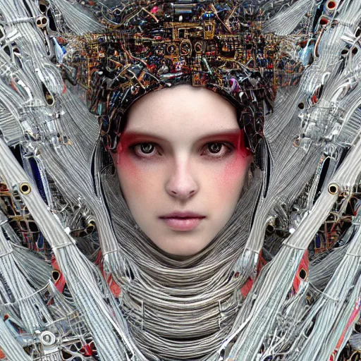 Image similar to give me a higher love, piles of modular synth cables, goddess swimming up wearing a headpiece made of circuit boards, by cameron gray, wlop, stanley kubrick, masamune, hideki anno, unique perspective, trending on artstation, 3 d render, vivid